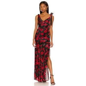 Lovers Friends Velvet Dress Large Roses Floral Black Red Slit Gown Jackie